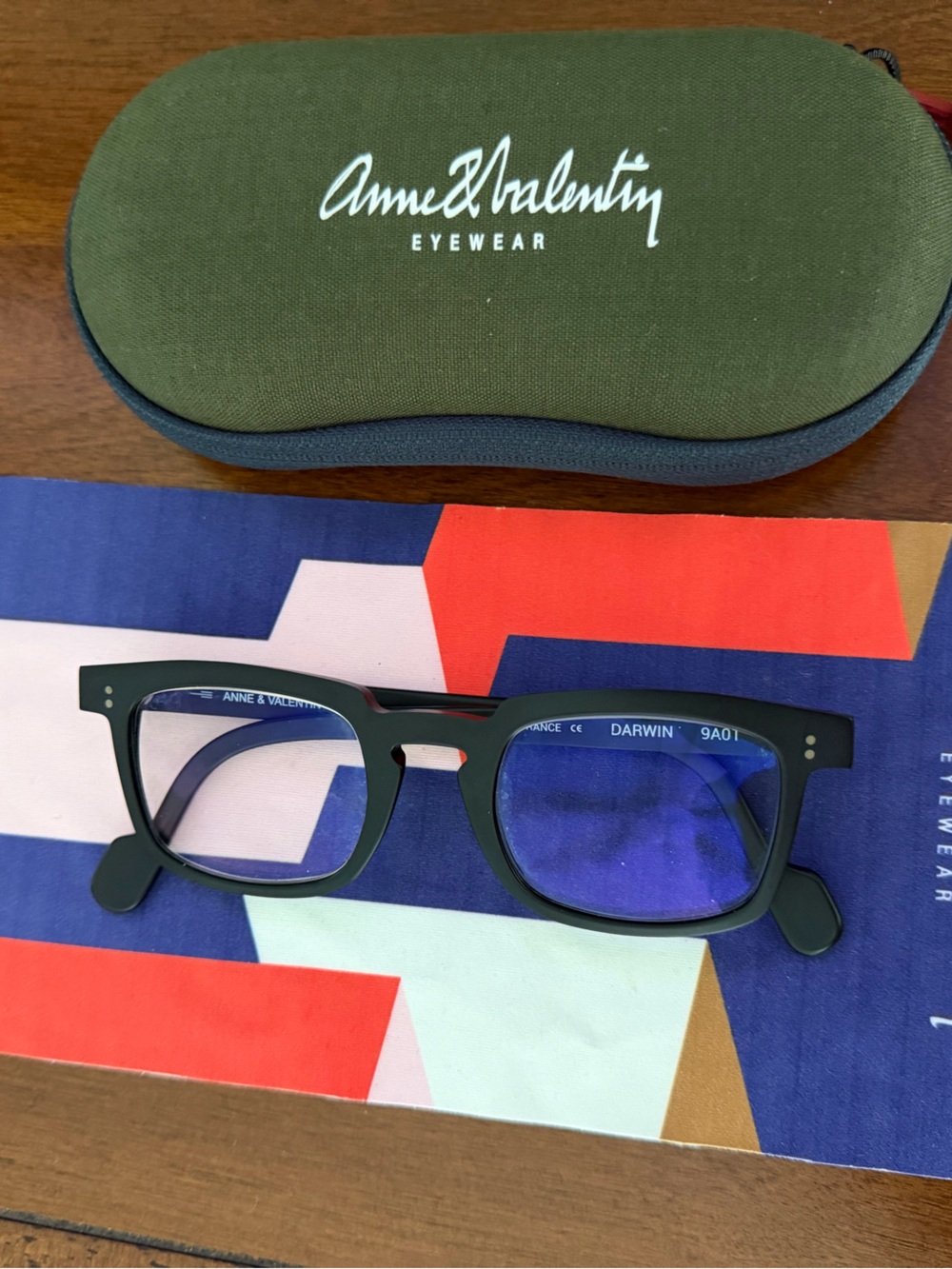 Black Rectangular Glasses with Olive Green Zip Case by Anne & Valentin